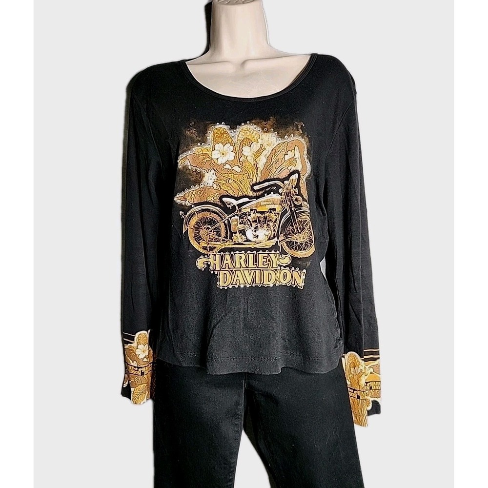 Women's Harley Davidson T-shirt Long Sleeve Sz M Black Rhinestone Floral Graphic